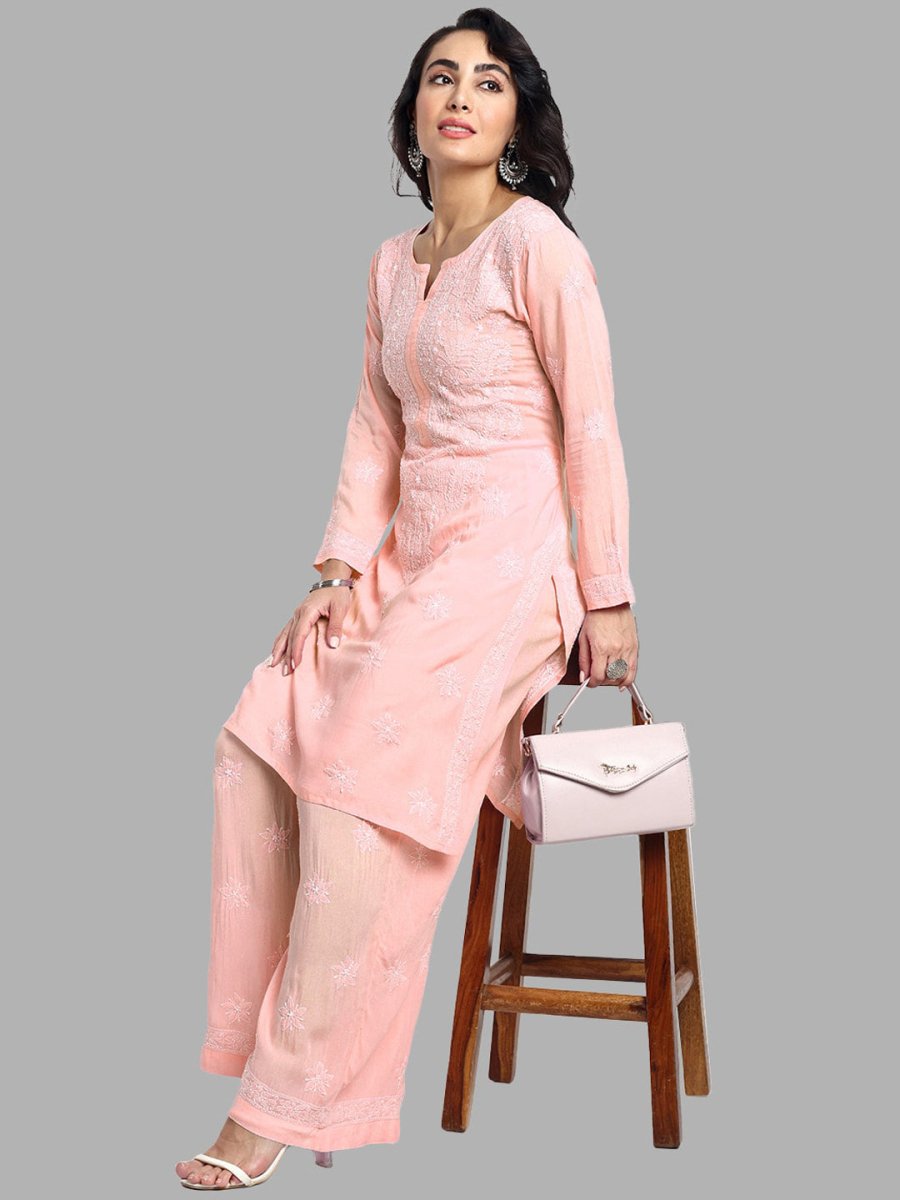 ADA Floral Embroidered Long Sleeves Regular Lucknowi Chikankari Kurta With Palazzos - Distacart