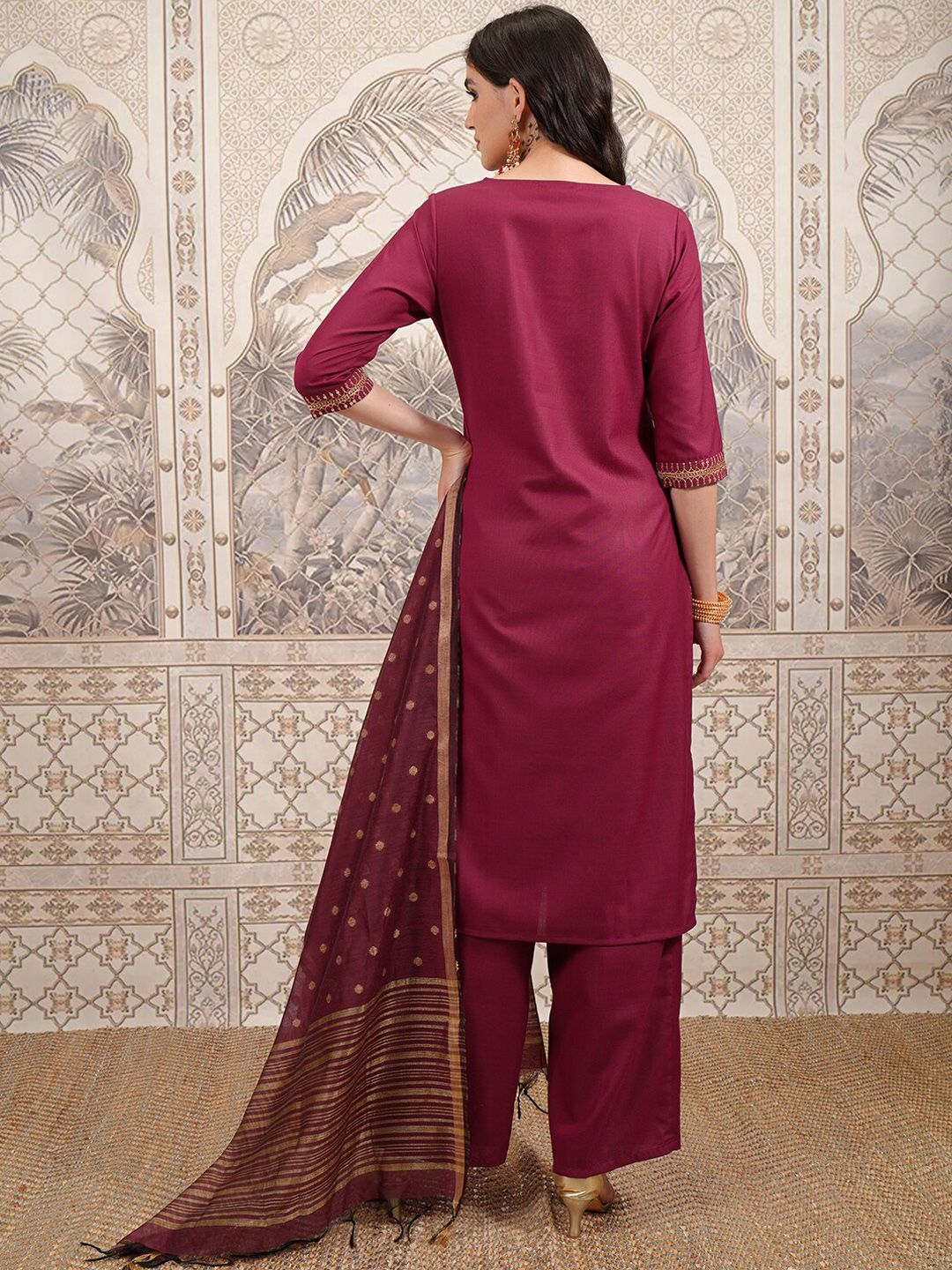 Vishudh Ethnic Motifs Yoke Design Straight Kurta with Palazzos & With Dupatta