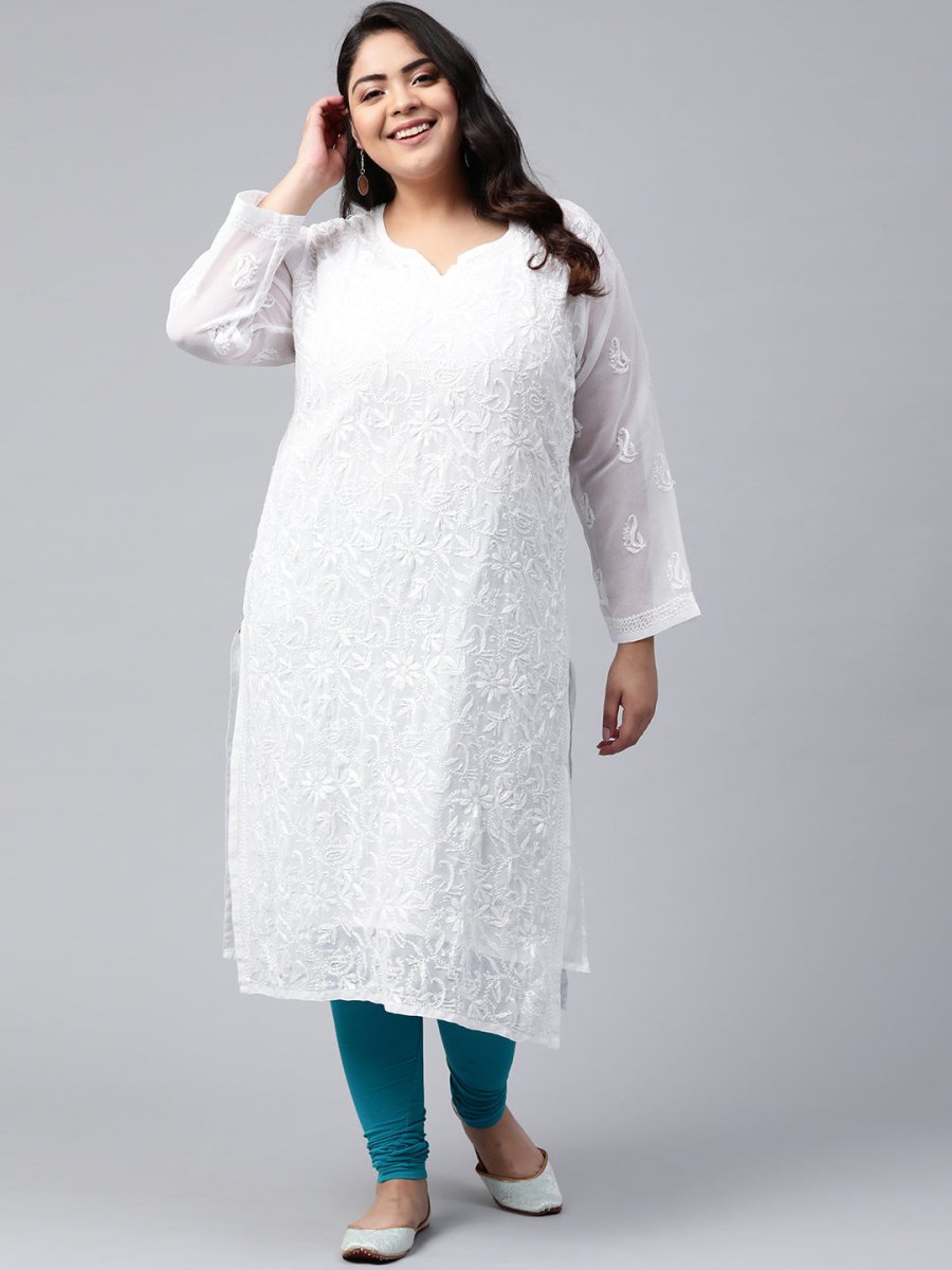 ADA Women Plus Size White Ethnic Motifs Chikankari Embroidered Georgette Handloom Kurta With Slip - Distacart