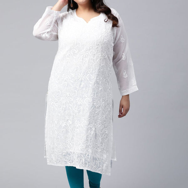 ADA Women Plus Size White Ethnic Motifs Chikankari Embroidered Georgette Handloom Kurta With Slip - Distacart