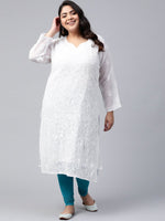 Thumbnail for ADA Women Plus Size White Ethnic Motifs Chikankari Embroidered Georgette Handloom Kurta With Slip - Distacart