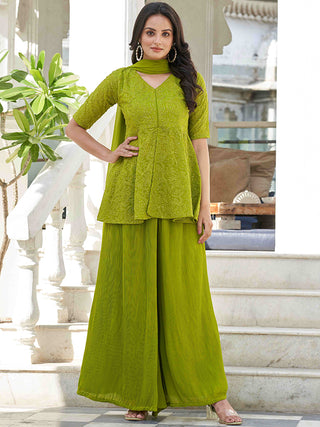 Kalini Floral Embroidered Regular Kurti with Palazzos & With Dupatta - Distacart