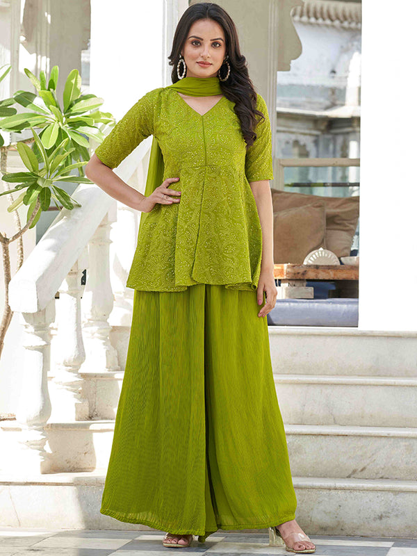 Kalini Floral Embroidered Regular Kurti with Palazzos & With Dupatta - Distacart