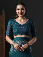 Thumbnail for Anouk Teal & White Floral Printed Block Print Saree - Distacart