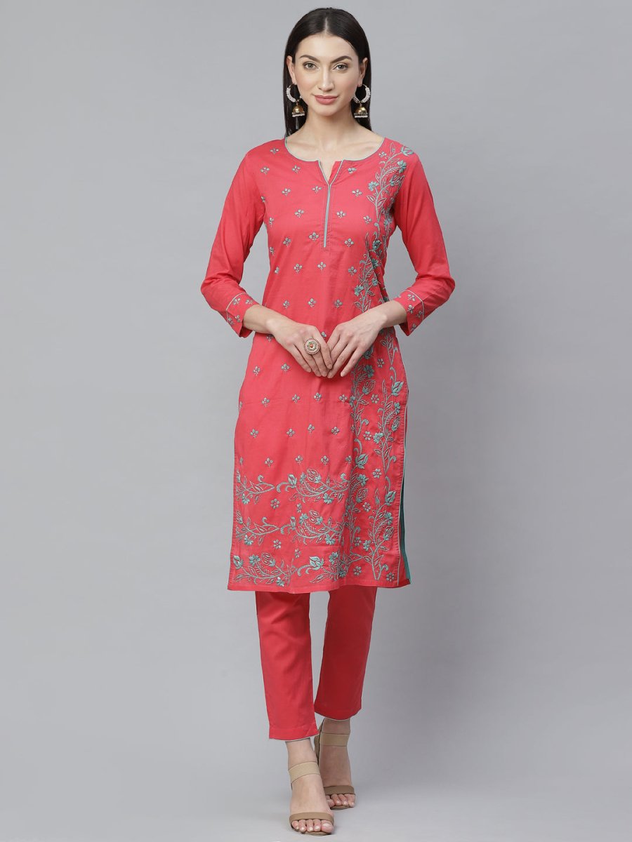ADA Women Pink & Blue Chikankari Hand Embroidered Sustainable Handloom Kurta with Trousers - Distacart