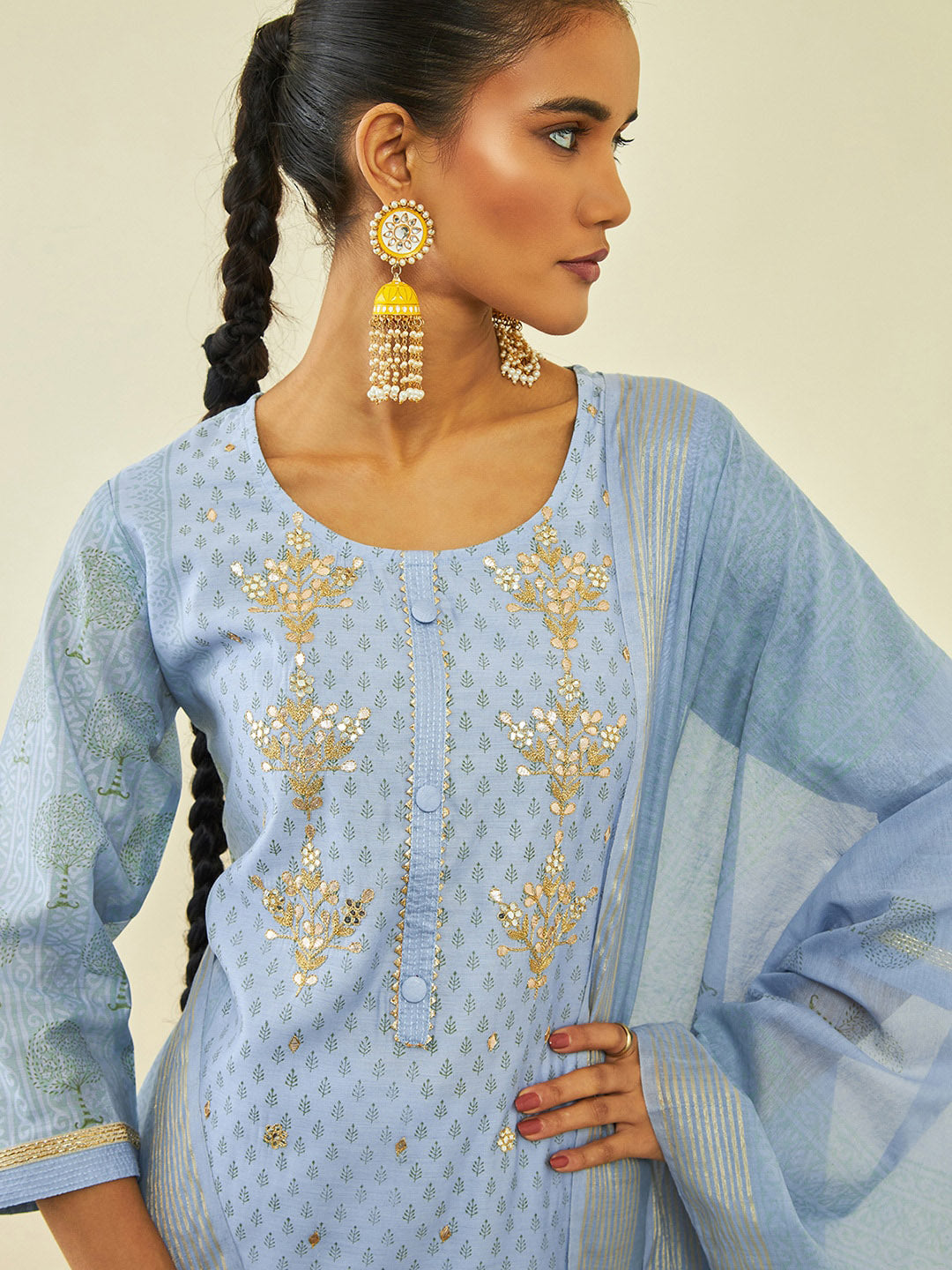 Soch Ethnic Motifs Embroidered Gotta Patti Chanderi Silk Kurta With Trousers & Dupatta - Distacart