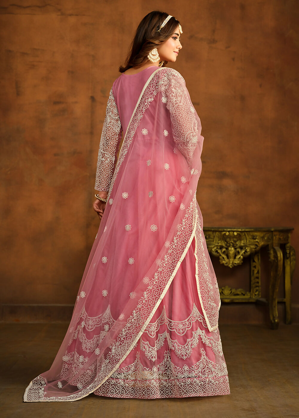 Pink All Over Embroidered Net Wedding Anarkali Suit - Emponline - Distacart