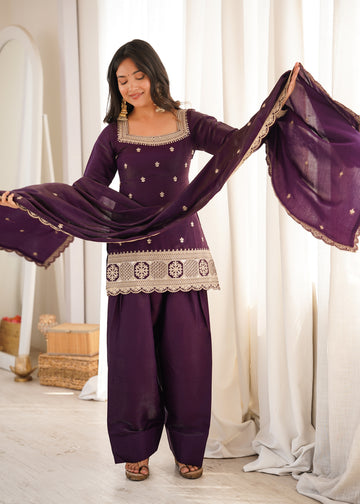 Lorenvalley Fashion Wine Glass Roman Silk with Embroidery Sequence and Jari Work Kurta Farshi Salwar with Dupatta - Dista