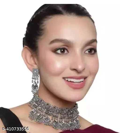 Tehzeeb Creations Women's Silver Colour Oxidised Necklace Set With Mirror And Beads - Distacart