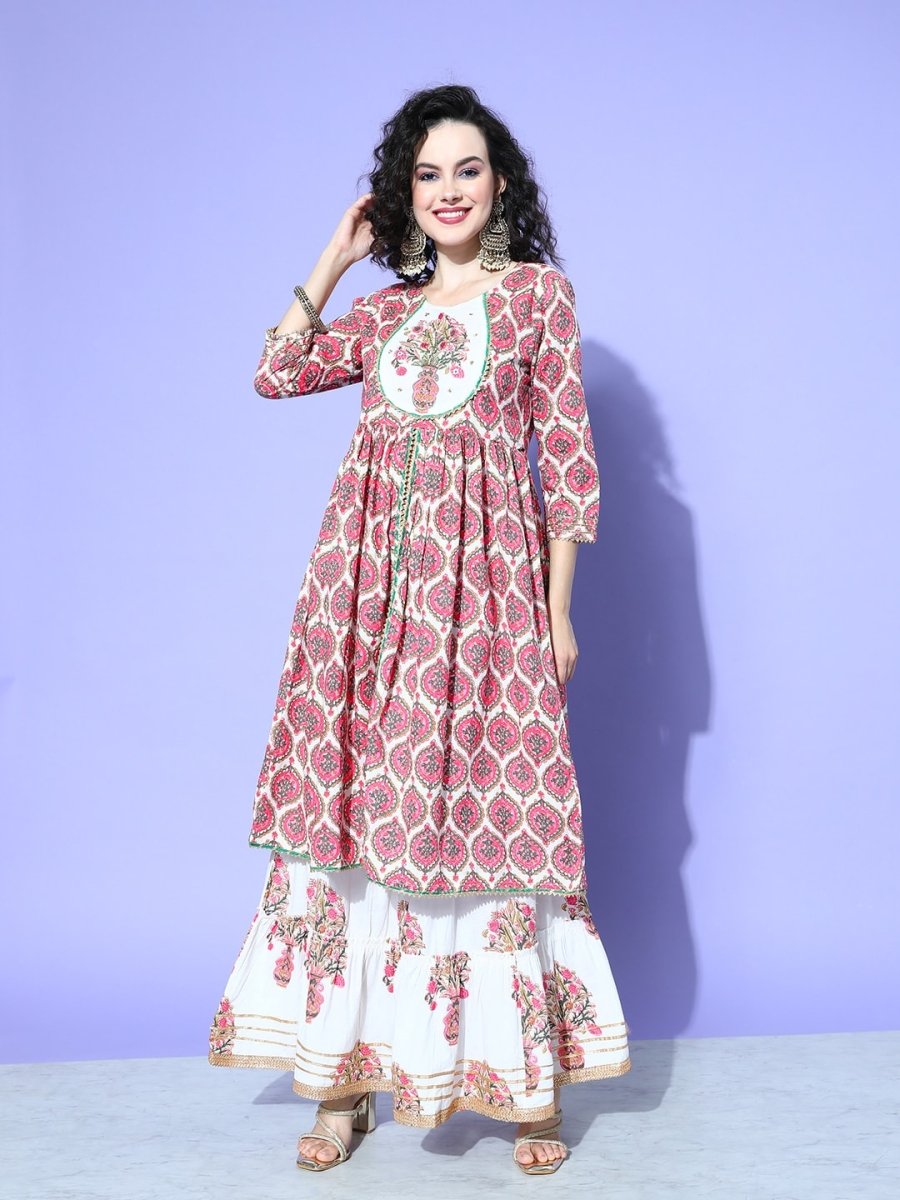 All About You Women White Floral Printed Regular Gotta Patti Pure Cotton Kurta with Skirt & With Dupatta - Distacart