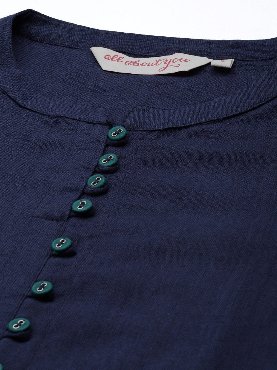 All About You Women Blue & Green Pure Cotton Kurta with Trousers - Distacart