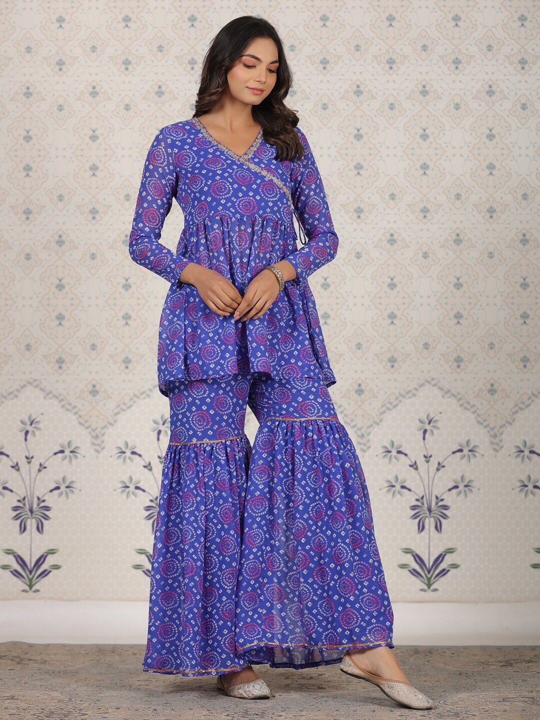 Ode by House of Pataudi Bandhani Printed Angrakha Gotta Patti Kurti with Sharara - Distacart