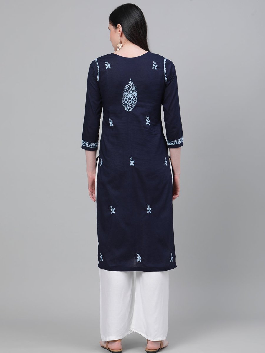 ADA Women Blue Chikankari Hand Embroidered Cotton Straight Sustainable Handloom Kurta - Distacart