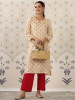Thumbnail for Ode by House of Pataudi Cream-Coloured & Red Printed Notched Neck Kurta With Palazzos - Distacart