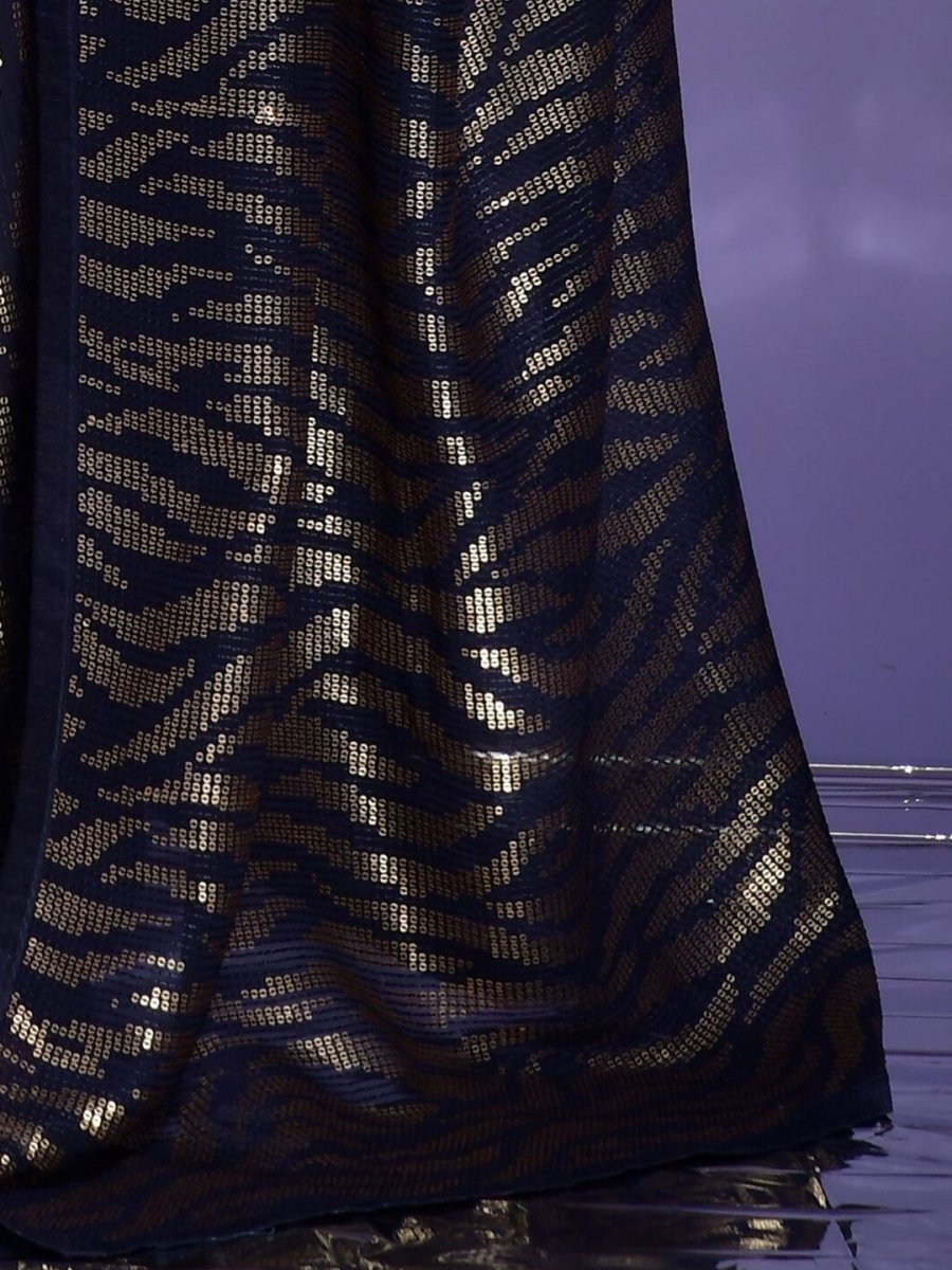 Anouk Navy Blue & Silver-Toned Embellished Sequinned Pure Georgette Saree - Distacart