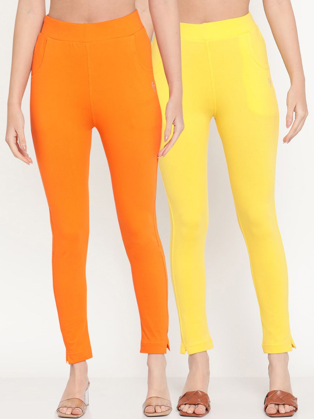 TAG 7 Set Of 2 Orange & Yellow Solid Leggings - Distacart