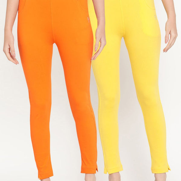TAG 7 Set Of 2 Orange & Yellow Solid Leggings - Distacart
