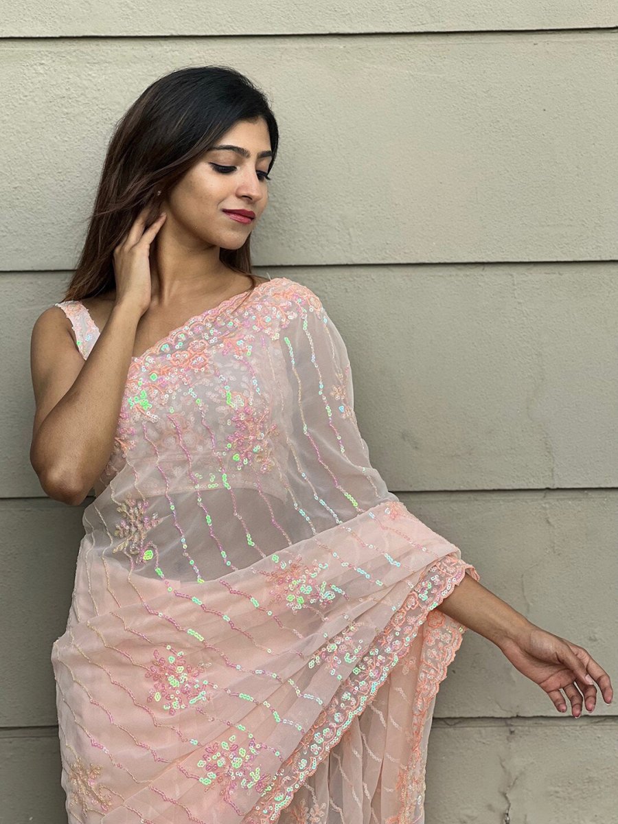 Anouk Peach-Coloured Floral Embellished Sequinned Pure Georgette Saree - Distacart