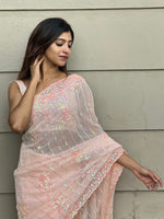 Thumbnail for Anouk Peach-Coloured Floral Embellished Sequinned Pure Georgette Saree - Distacart