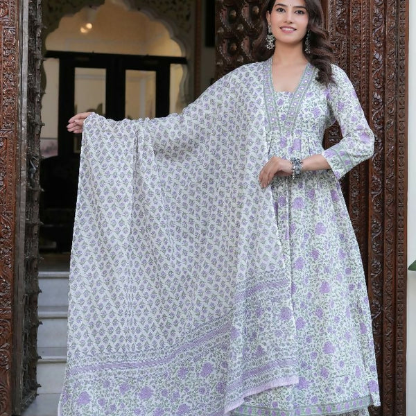 Jaimini Women Cotton Printed V-Neck 3/4 Sleeves Calf Length Flared Kurta Pant And Dupatta Set - Dista