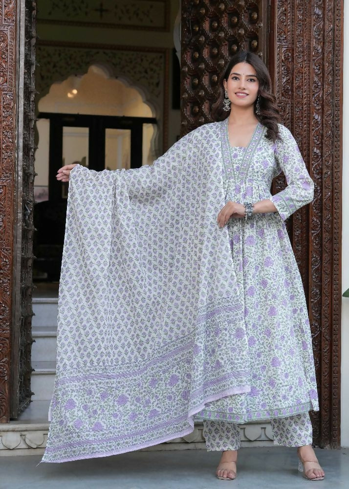Jaimini Women Cotton Printed V-Neck 3/4 Sleeves Calf Length Flared Kurta Pant And Dupatta Set - Dista