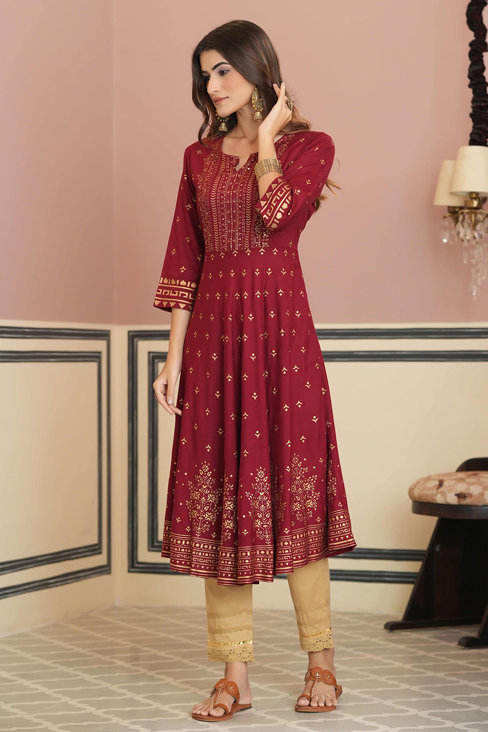 Juniper Women's Maroon Ethnic Motif Printed Rayon Kurta With Sequins - Distacart