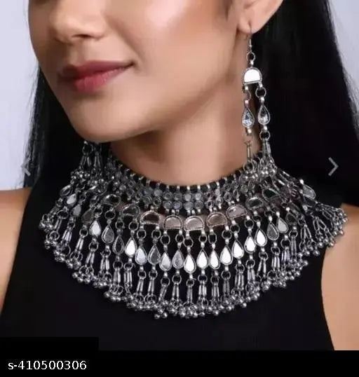 Tehzeeb Creations Women's Silver Colour Oxidised Necklace Set With Mirror Work - Distacart