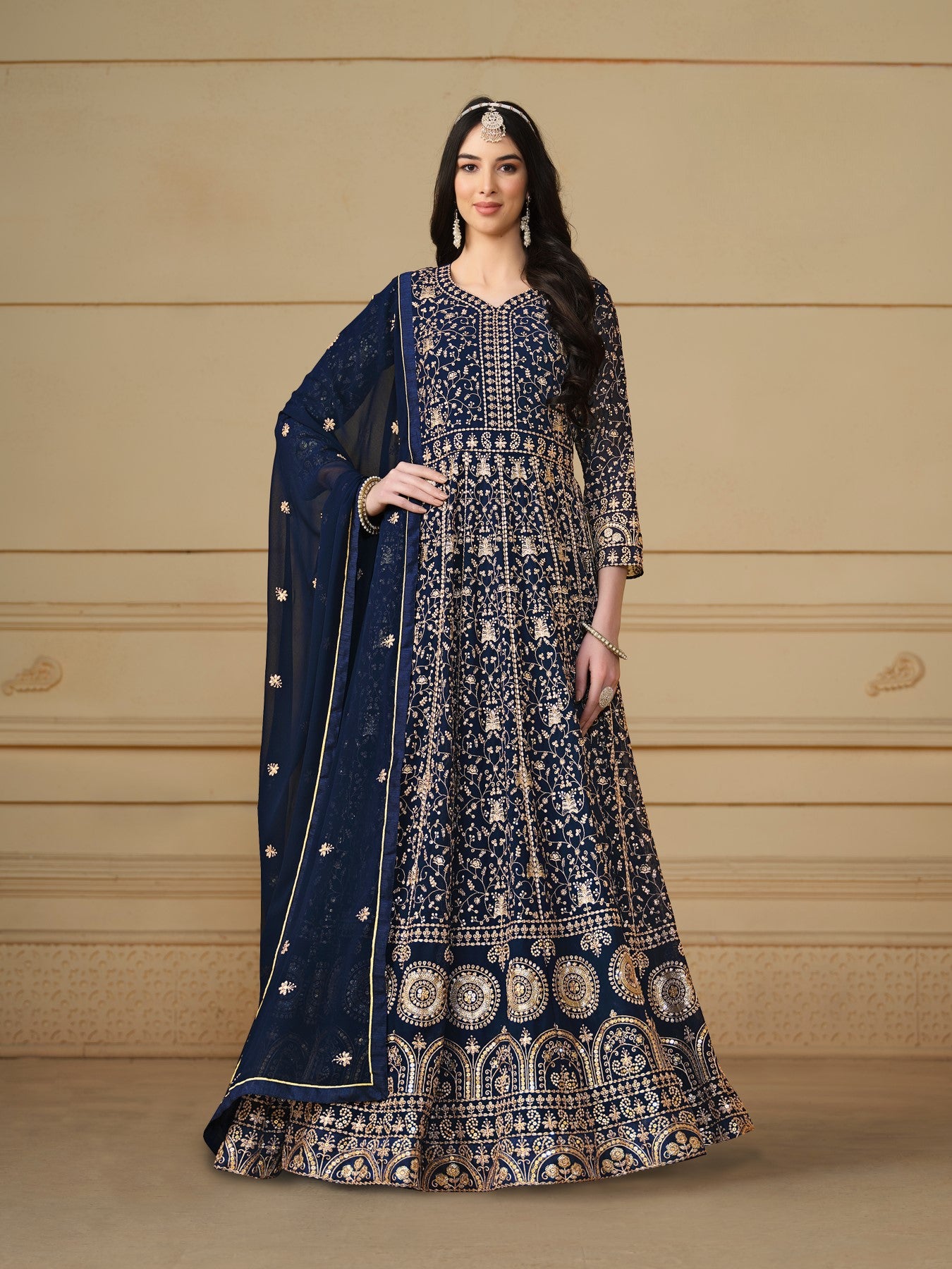 Anaita Navy Blue Embroidered Faux Georgette Anarkali Suit - Distacart