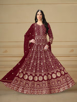 Thumbnail for Anaita Maroon Embroidered Faux Georgette Anarkali Suit - Distacart