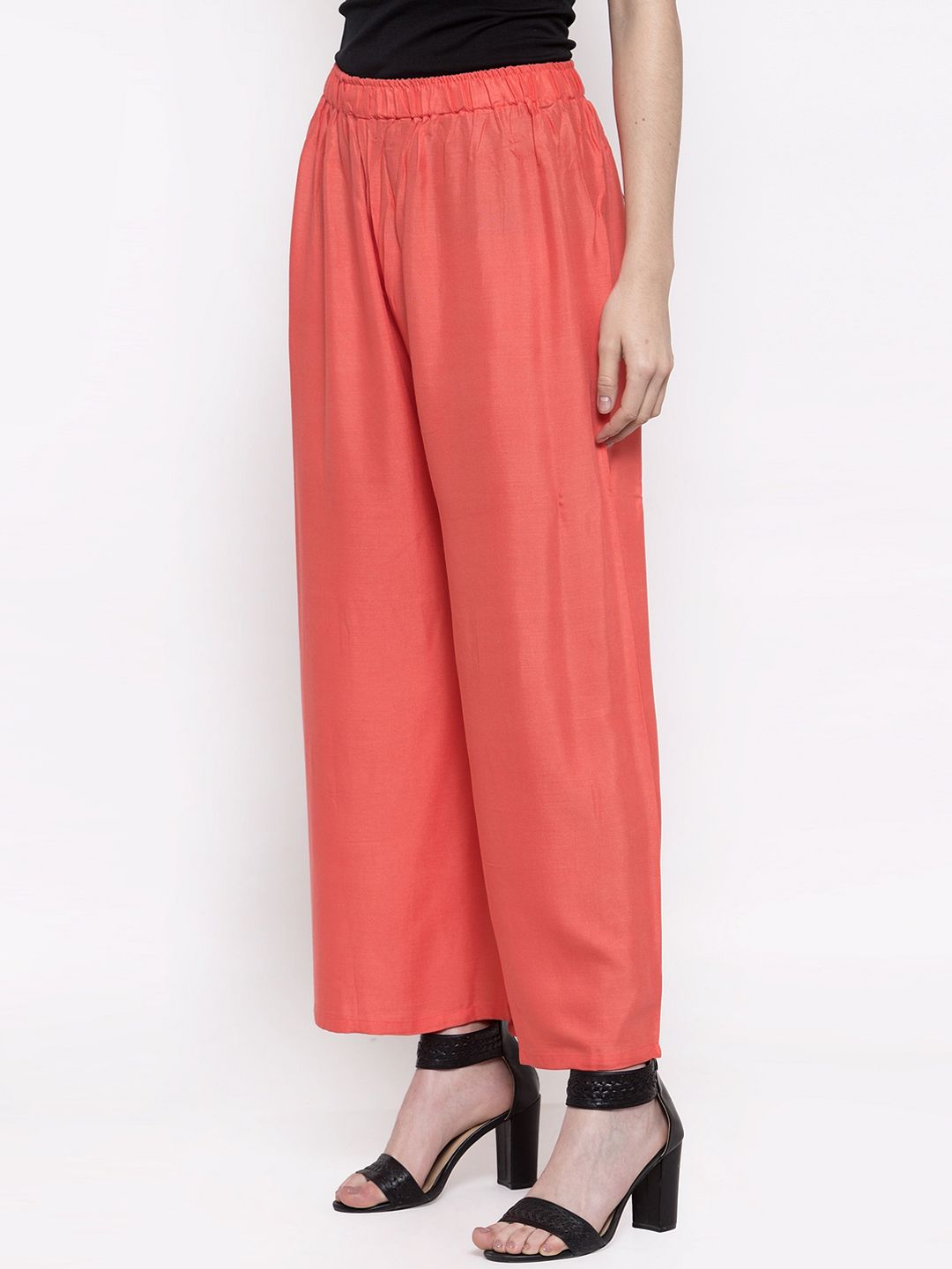 TAG 7 Women Peach-Coloured Solid Flared Palazzos - Distacart