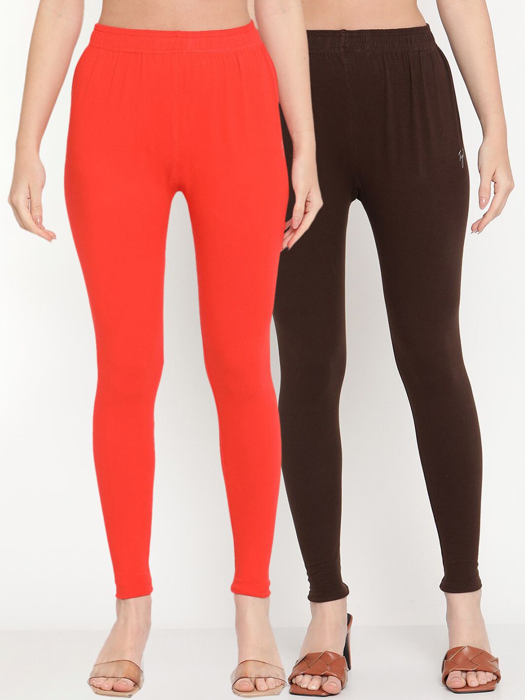 TAG 7 Women Orange & Brown Solid Ankle-Length Leggings Pack Of 2 - Distacart