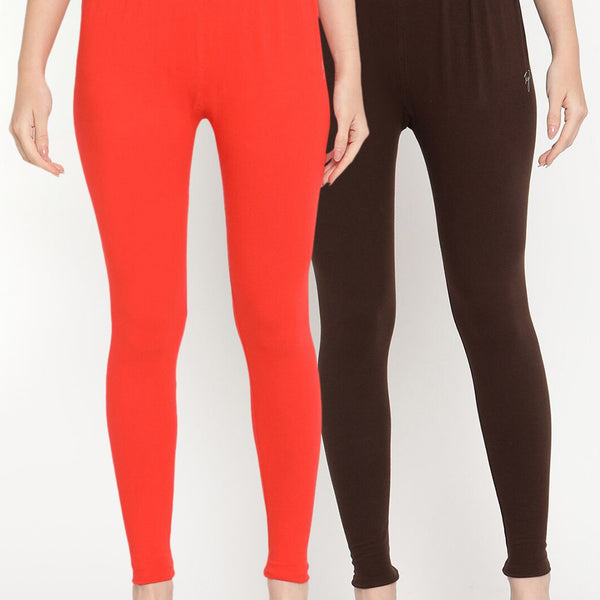TAG 7 Women Orange & Brown Solid Ankle-Length Leggings Pack Of 2 - Distacart