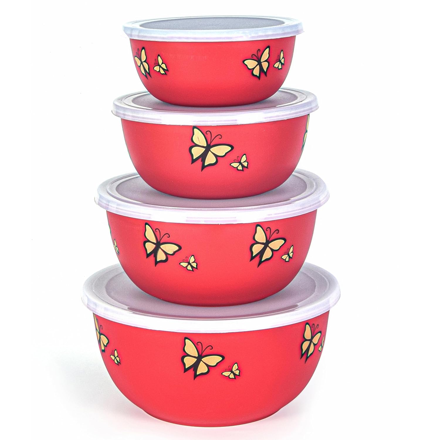 Zaib Microwave Safe Stainless Steel Food Storage Container with Lid|500ml, 800ml, 1250ml, 2000 ml | Reheatable (4 Red Butterfly) - Dista