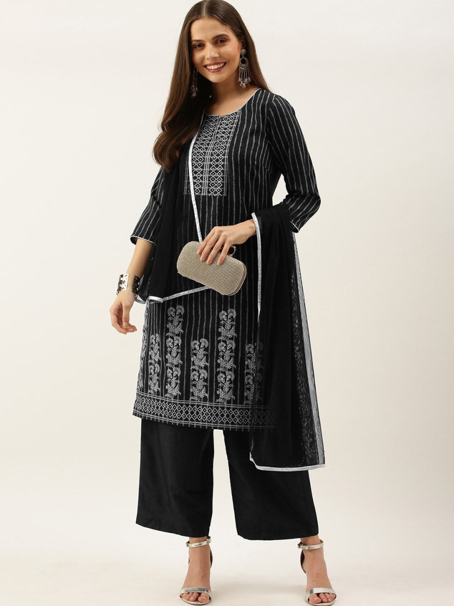 All About You Women Black & Grey Striped Keyhole Neck Kurta with Palazzos & Dupatta - Distacart