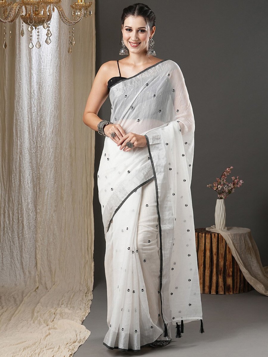 Anouk White & Black Floral Printed Zari Silk Cotton Saree - Distacart