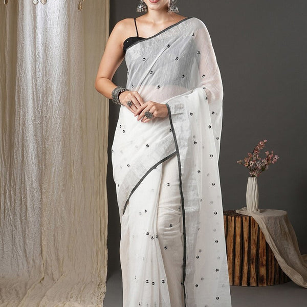 Anouk White & Black Floral Printed Zari Silk Cotton Saree - Distacart