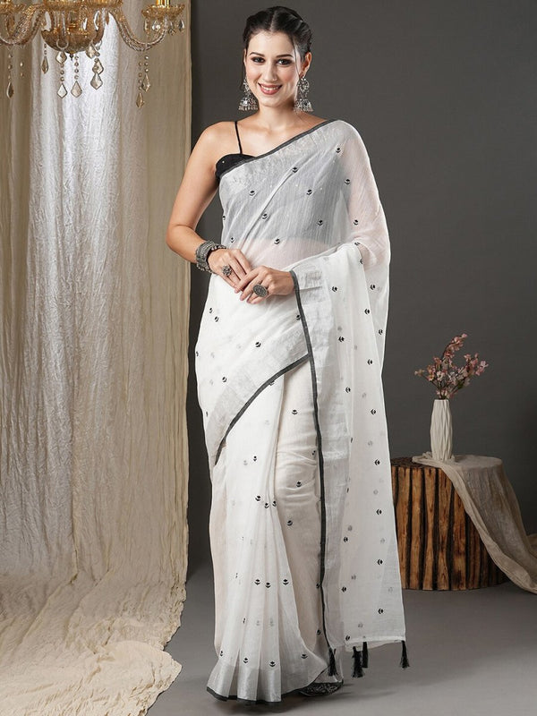 Anouk White & Black Floral Printed Zari Silk Cotton Saree - Distacart