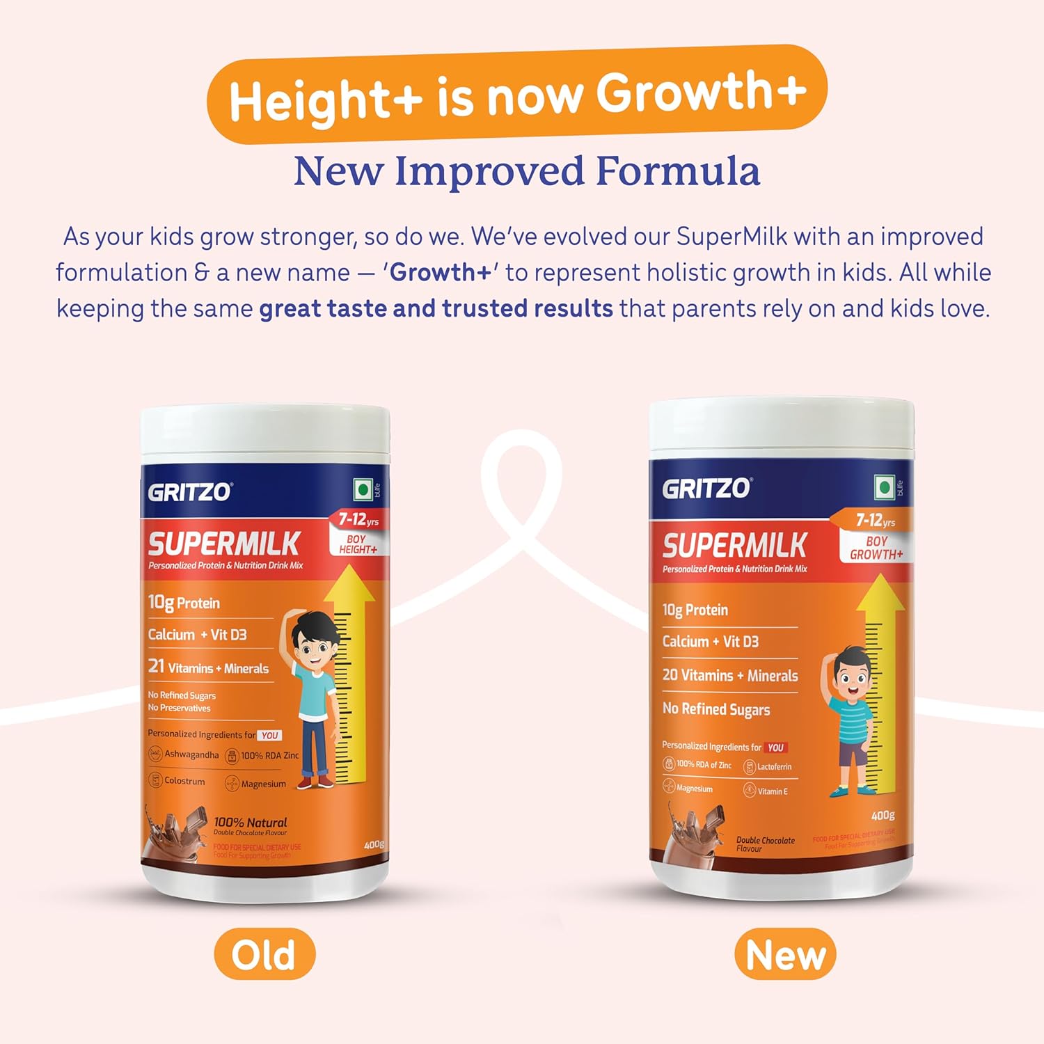 Gritzo SuperMilk Height+ (7-12y Boys), 10g Protein Powder - Double Chocolate