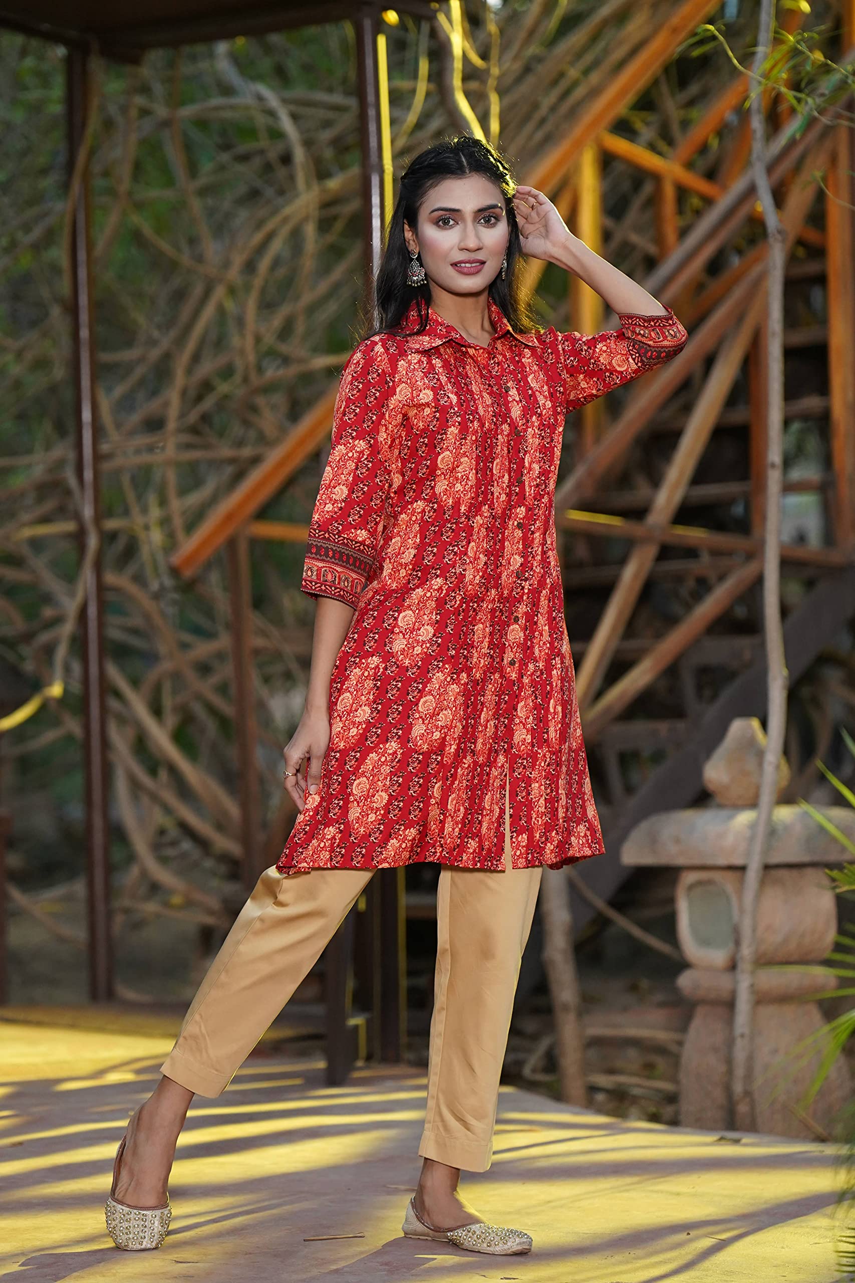 Juniper Women's Red Ethnic Motif Printed Rayon A-Line Kurta with Buttons - Distacart