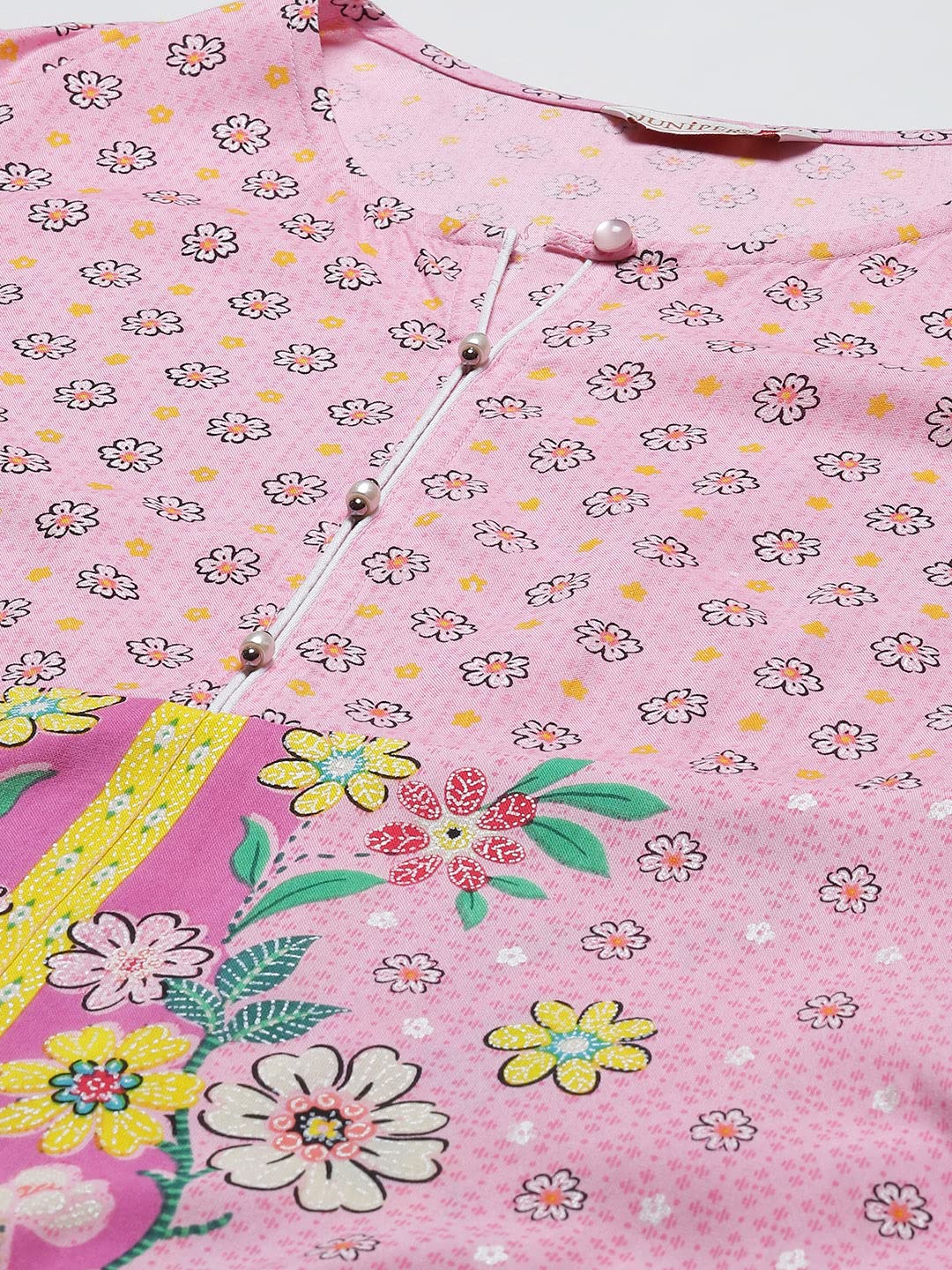 Juniper Women's Pink Floral Printed Rayon Kurta With Buttons Closure At Back - Distacart