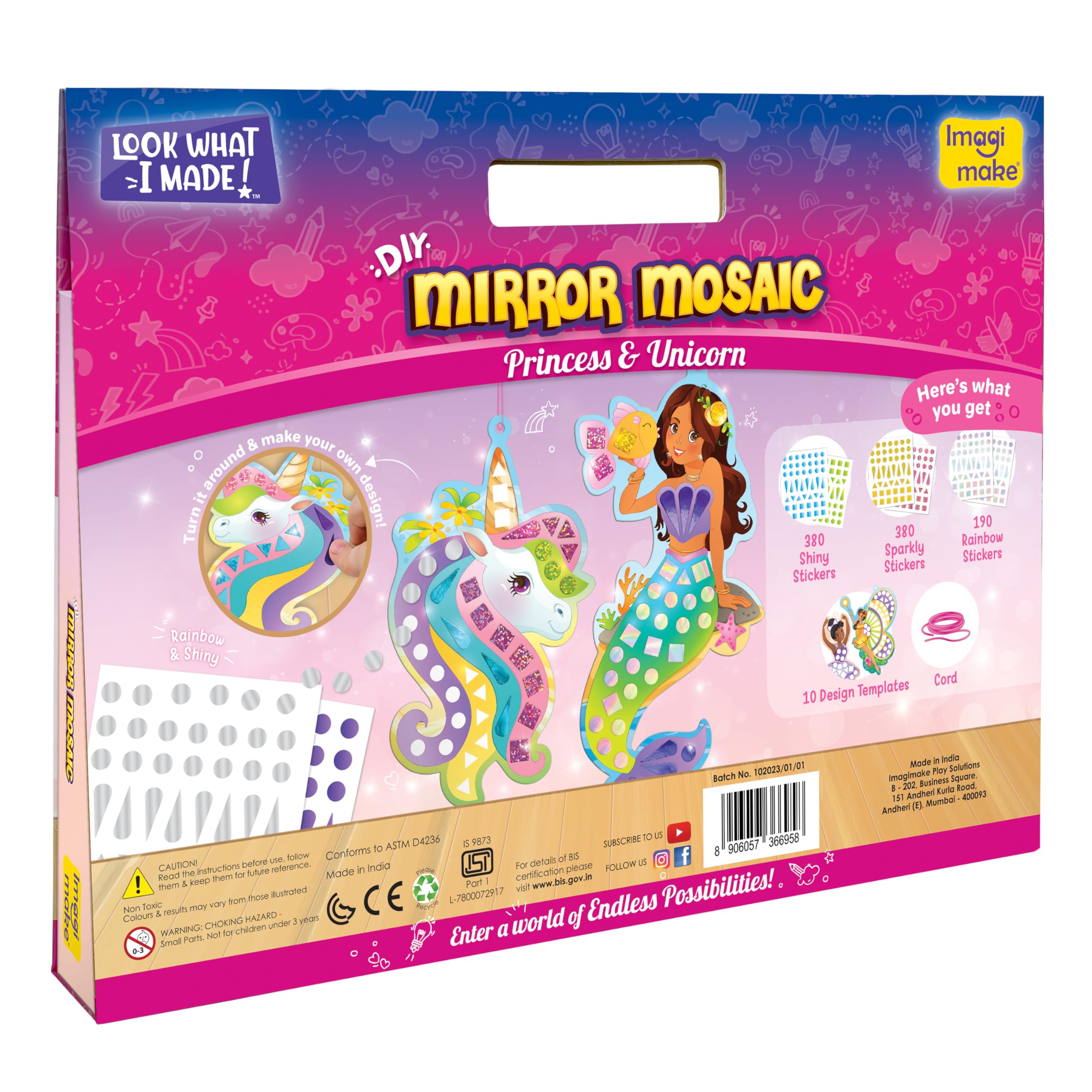 Imagimake Mirror Mosaic Princess & Unicorn Kids Art Set | DIY Craft Kit | Foil Stickers for Kids | Birthday Gift for Girls and Boys Ages 3,4,5,6,7,8 | 3 Year Old Girl Gifts