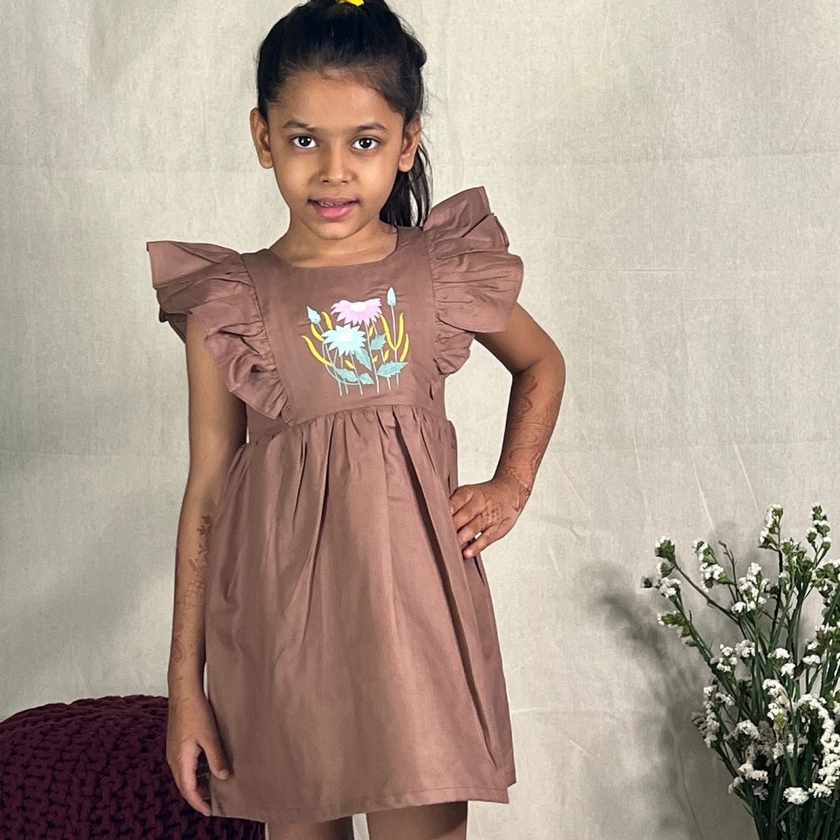 ArthLife Brown Flower Embroidered Frill Dress - Distacart