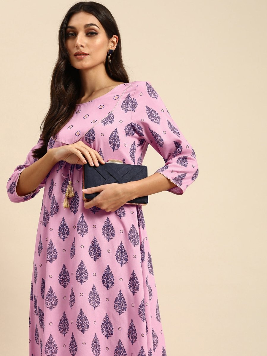 All About You Women Pink Ethnic Motifs Printed Empire Kurta with Trousers - Distacart