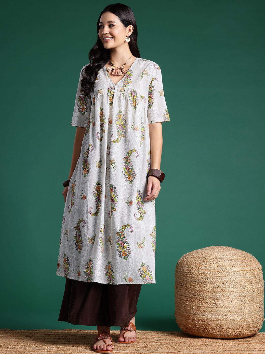 Sangria Floral Print Pleated Empire Kurta - Distacart