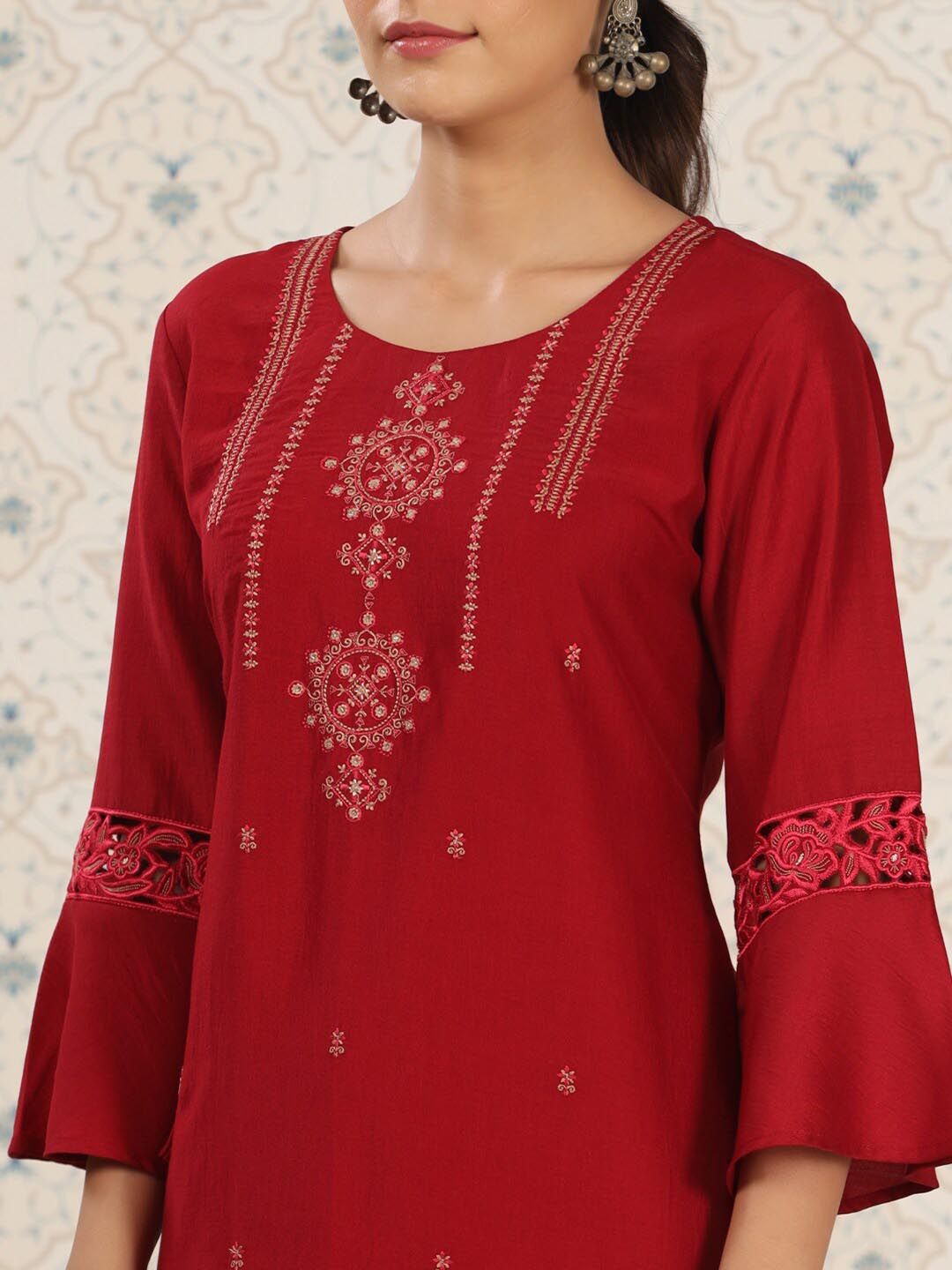 Ode by House of Pataudi Red Ethnic Motifs Embroidered Bell Sleeves Kurta - Distacart