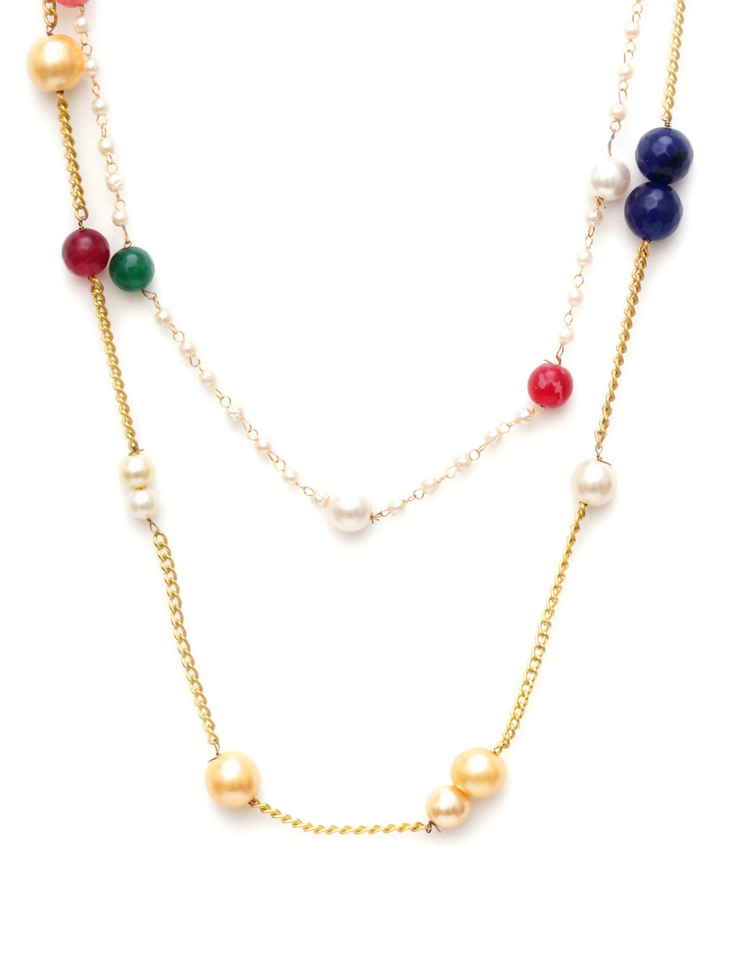 Layered Pearl and Gold Neckpiece with Multi Stones (Multi Color) - Ruby Raang - Distacart