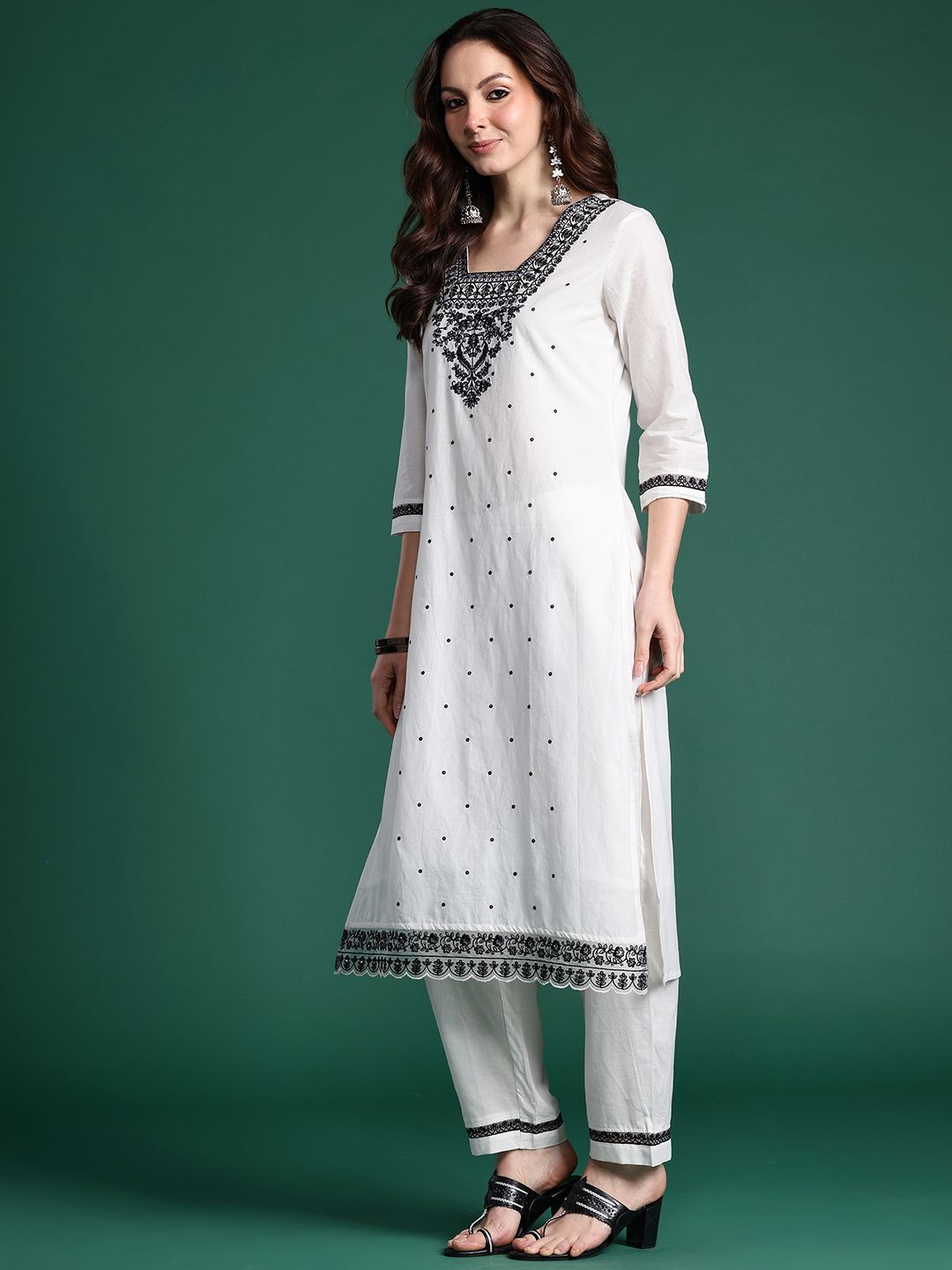 Indo Era Floral Embroidered Pure Cotton Kurta with Trousers & Dupatta