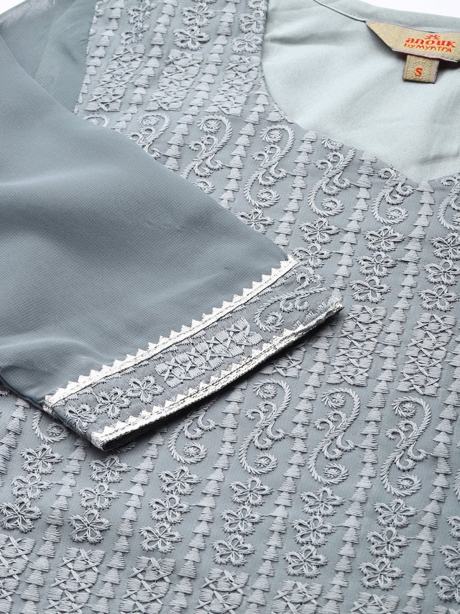 Anouk Women Grey Ethnic Motifs Embroidered Straight Kurta with Palazzos Dupatta - Distacart