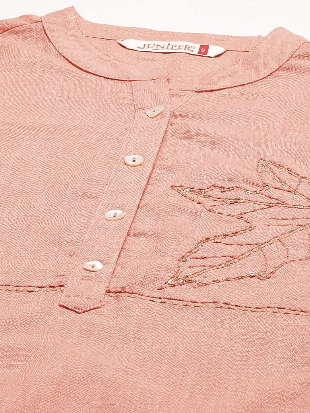 Juniper Women's Peach Embroidered Cotton Slub High-Low Tunic - Distacart