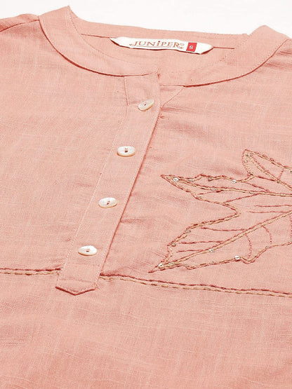 Juniper Women's Peach Embroidered Cotton Slub High-Low Tunic - Distacart